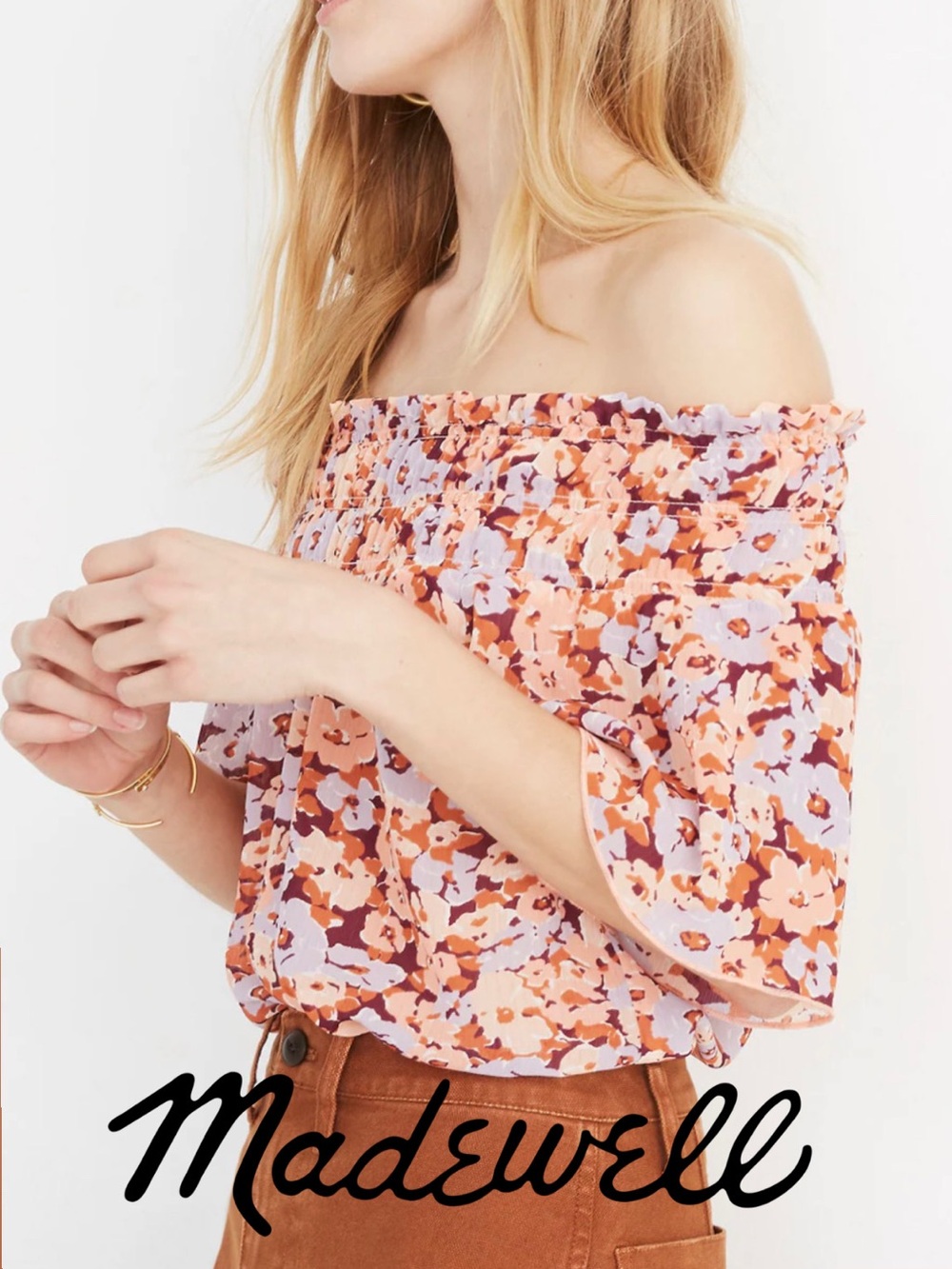 Madewell Smocked Mockneck Blouse in Floral Breeze XS
